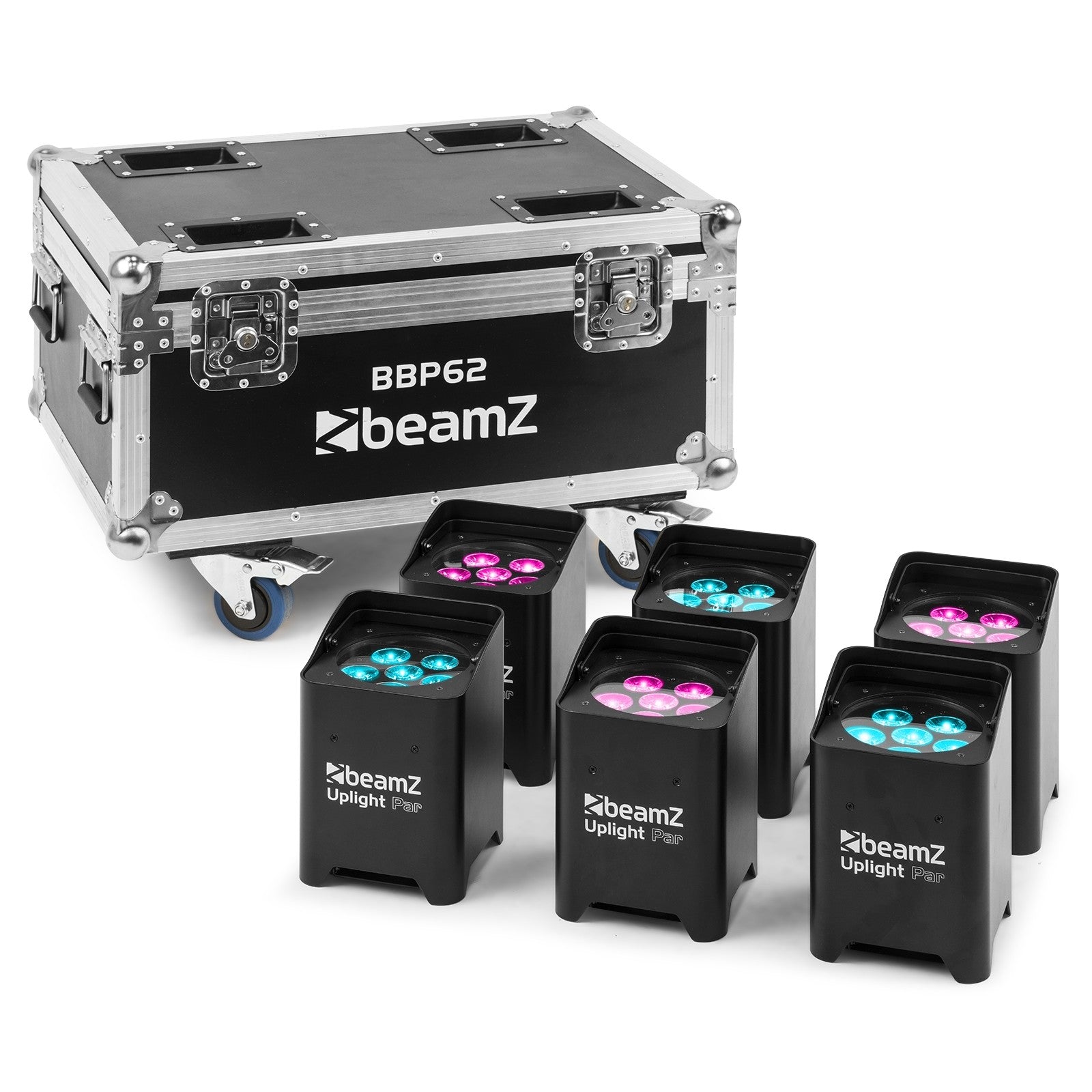 BeamZ BBP62 Uplighter Set, 6 Uplights (in/outdoor) in Flightcase with Charger