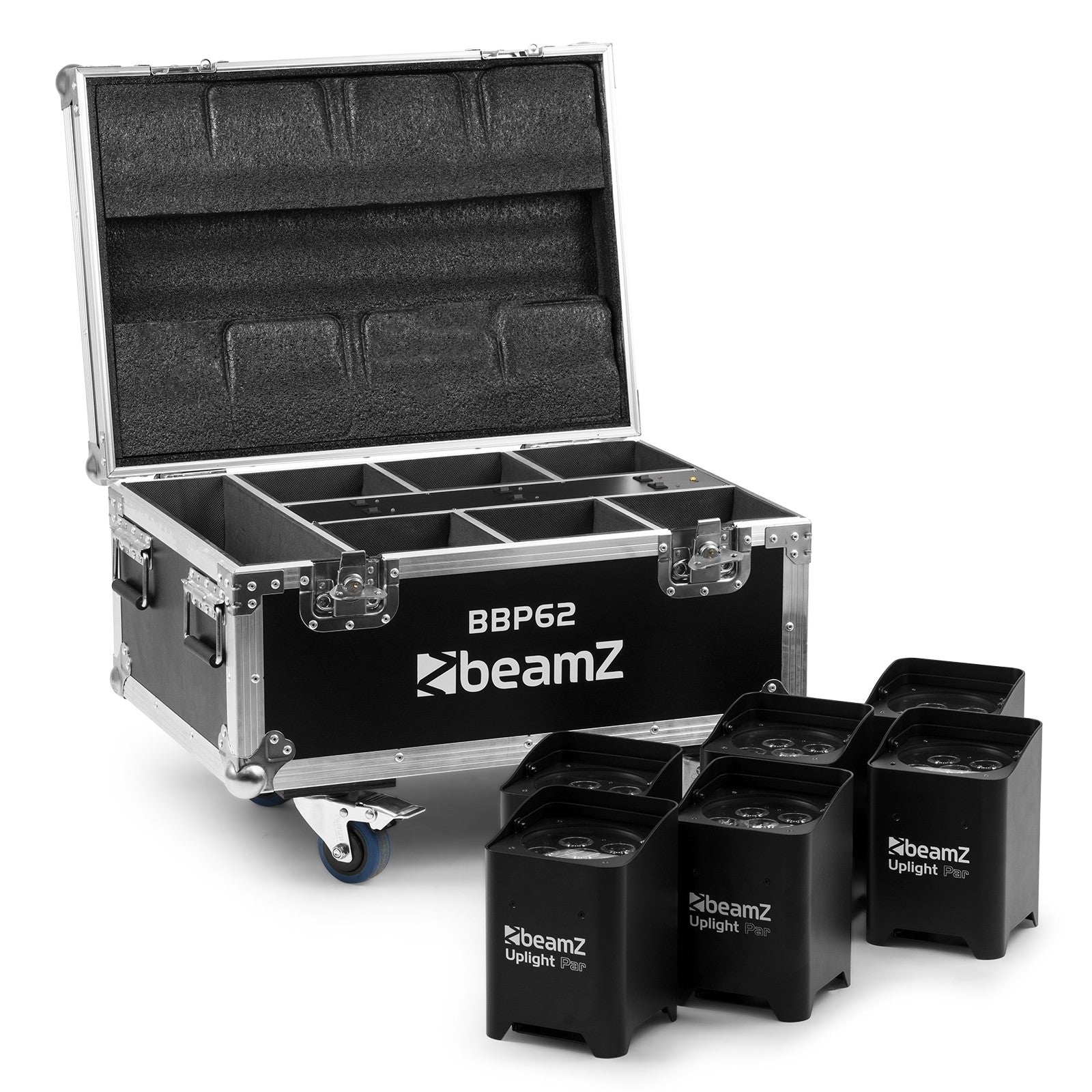 BeamZ BBP62 Uplighter Set, 6 Uplights (in/outdoor) in Flightcase with Charger