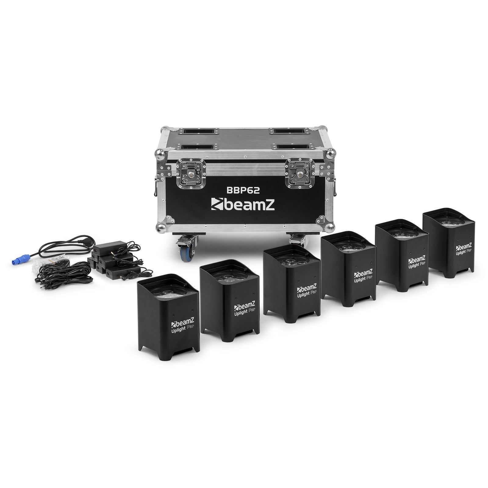 BeamZ BBP62 Uplighter Set, 6 Uplights (in/outdoor) in Flightcase with Charger