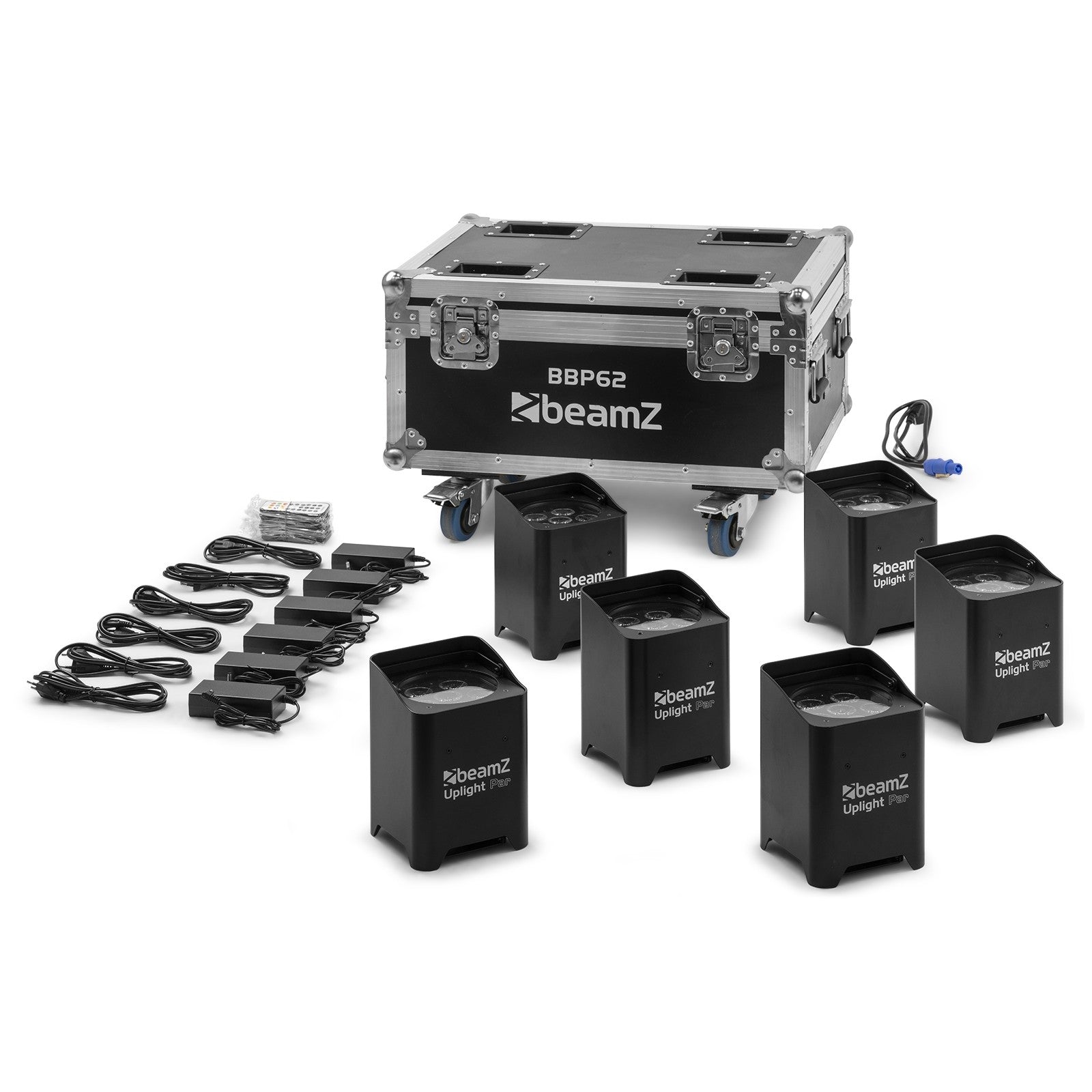 BeamZ BBP62 Uplighter Set, 6 Uplights (in/outdoor) in Flightcase with Charger