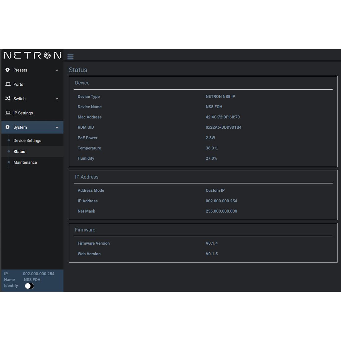 Obsidian Control Systems Netron NS8 IP Network switch, 8-port, PoE+